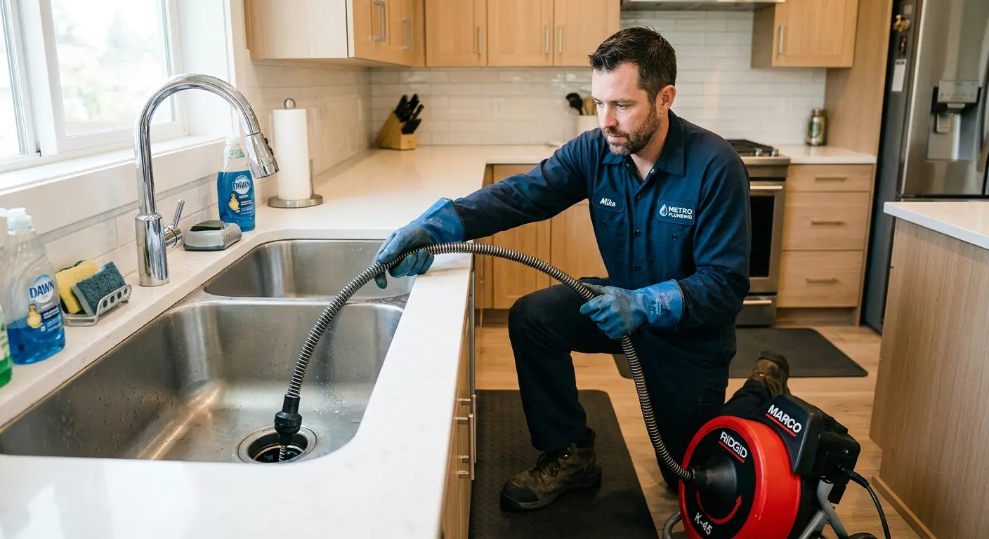 Drain cleaning technician using a motorized snake on a kitchen sink in Ashwaubenon