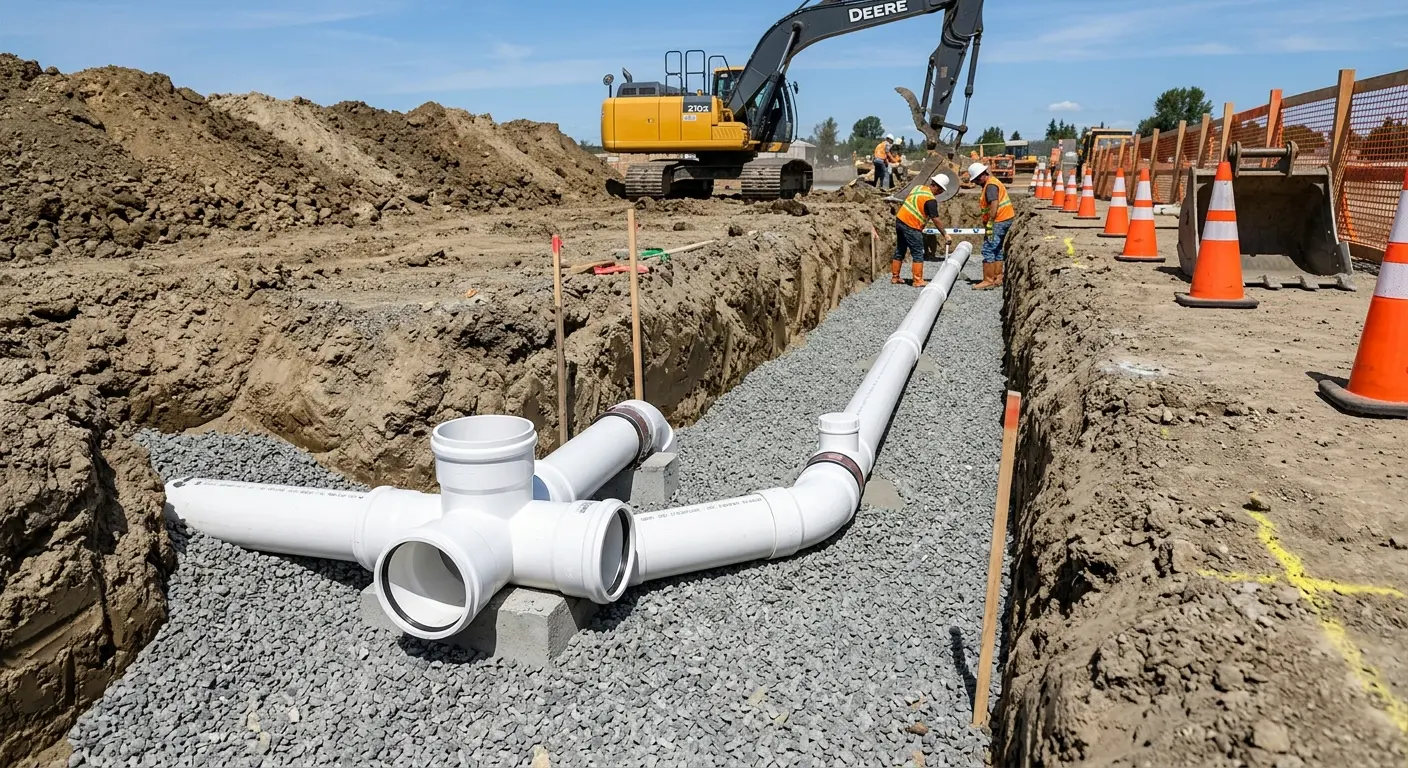 New PVC sewer pipe installation in open trench for Sewer Backup in Ashwaubenon