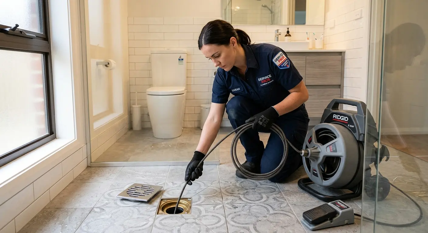 Technician clearing a bathroom floor drain for Sewer Line Replacement in Ashwaubenon